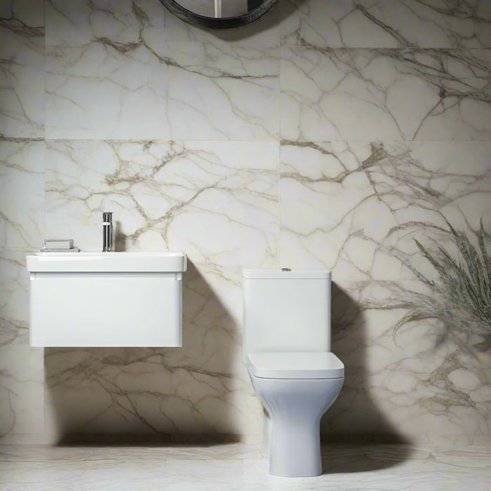 Matt White 600mm Wall Hung Basin Vanity Unit including Chrome Basin Mixer and Rimless WC