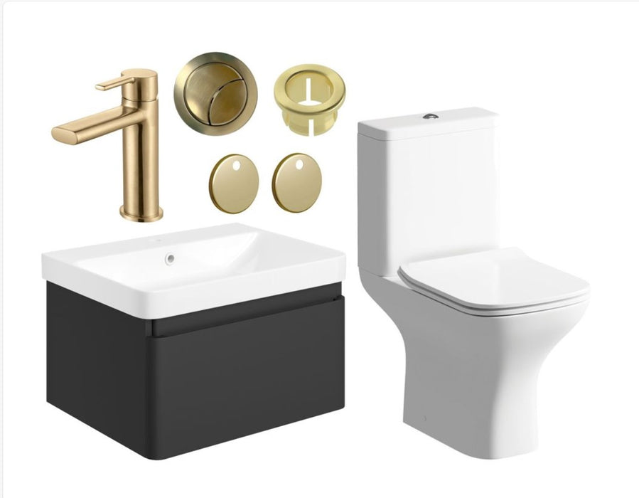 Bathroom Furniture Set including 600mm Matt Black Wall Hung Vanity with WC and Brushed Brass Tap Plus Fittings
