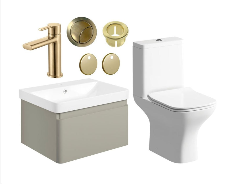 Bathroom Furniture Set including 600mm Matt Latte Wall Hung Vanity with WC and Brushed Brass Tap Plus Fittings
