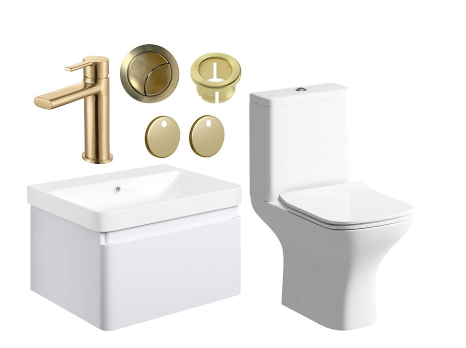 Bathroom Furniture Set including 600mm White Wall Hung Vanity with WC and Brushed Brass Tap Plus Fittings