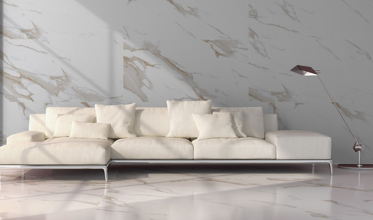 Calacatta Gold Marble Effect Rectified Polished Porcelain Wall and Floor Tile 60x120cm