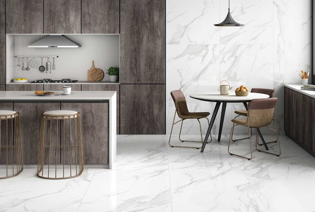 Calacatta White Marble Effect Rectified Polished Porcelain Wall and Floor Tile - 60x120cm