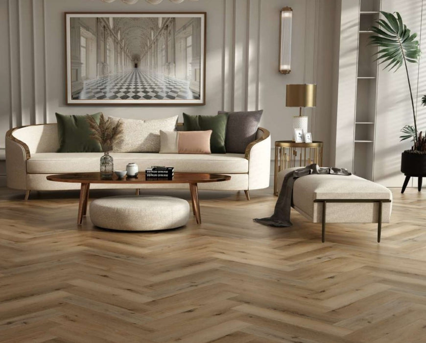 PREMIUM 6.5mm Natural Oak Herringbone Click Luxury Vinyl Flooring - 640x128mm