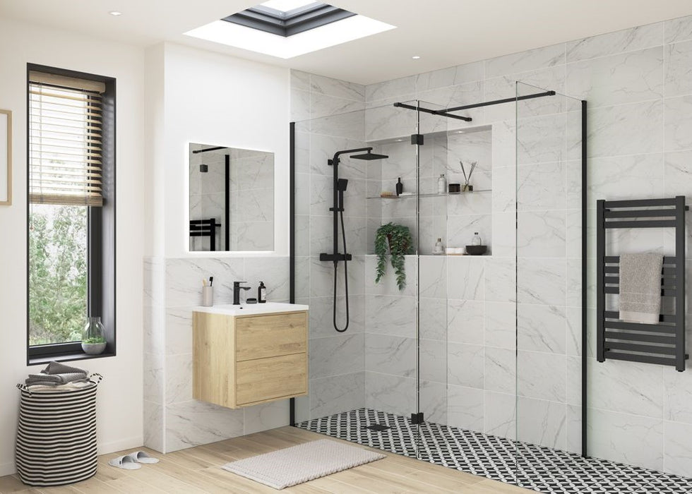 Roma 8 Black Profile Wet Room Glass Panel with Optional Side Panel