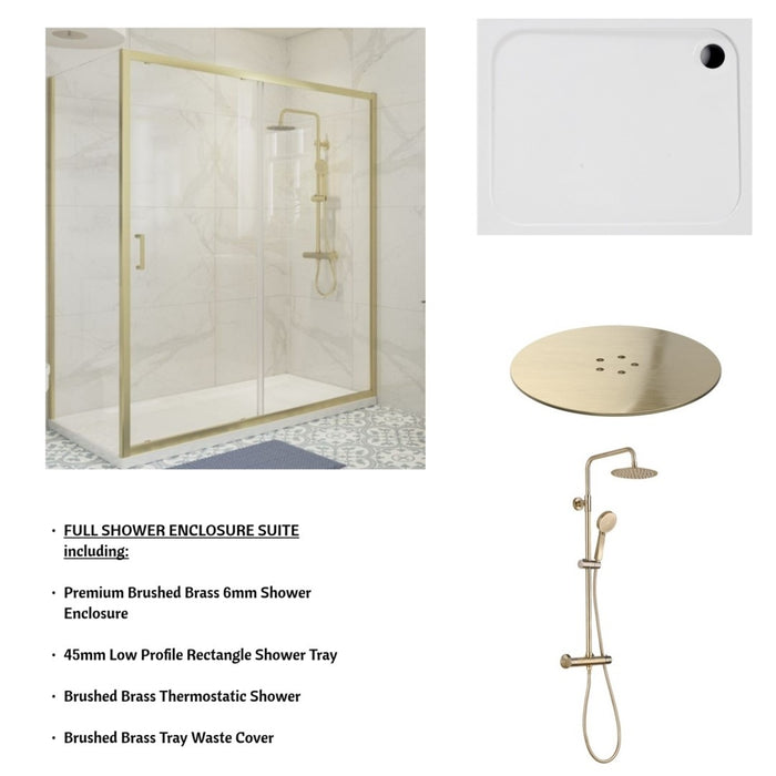 Premium Brushed Brass Shower Enclosure Suite including Enclosure, Shower Tray, Brushed Brass Thermostatic Shower with Brushed Brass Waste - Multiple Sizes