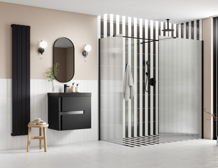 Roma 8 Polished Black Fluted Glass Wetroom Panel with Optional Side Panel