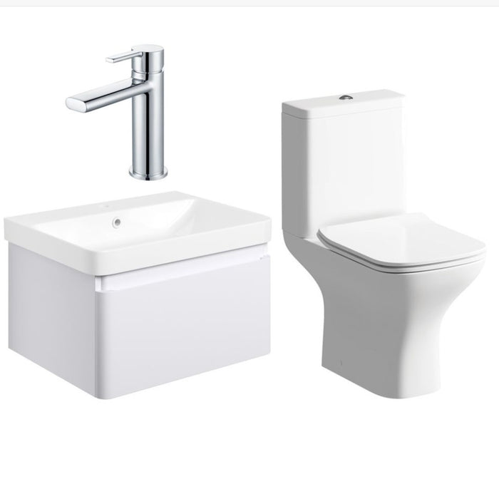 Matt White 600mm Wall Hung Basin Vanity Unit including Chrome Basin Mixer and Rimless WC
