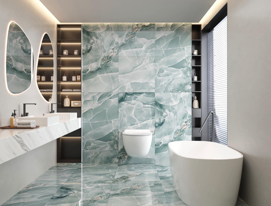Aqua Turquoise Onyx Marble Effect 60x120 Polished Porcelain Large Wall & Floor Tile