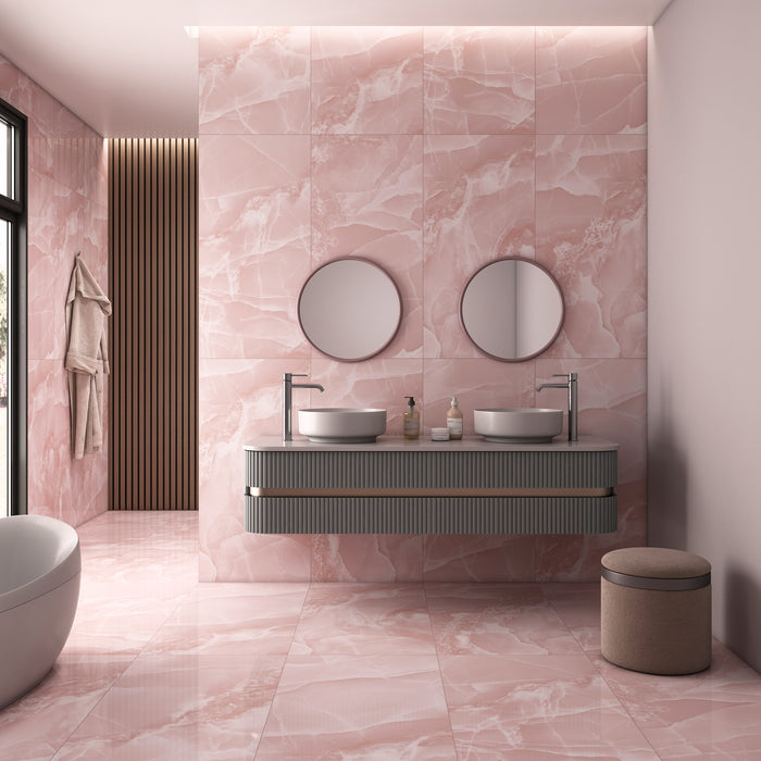 Pink Onyx Marble Effect 60x120 Polished Large Format Porcelain Wall & Floor Tile