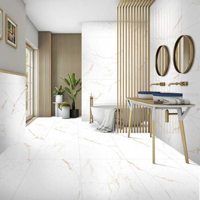 Premium Carrara Gold Marble Effect Polished Porcelain Tile 60x120cm Large Format Rectified Bathroom Wall Floor Tile
