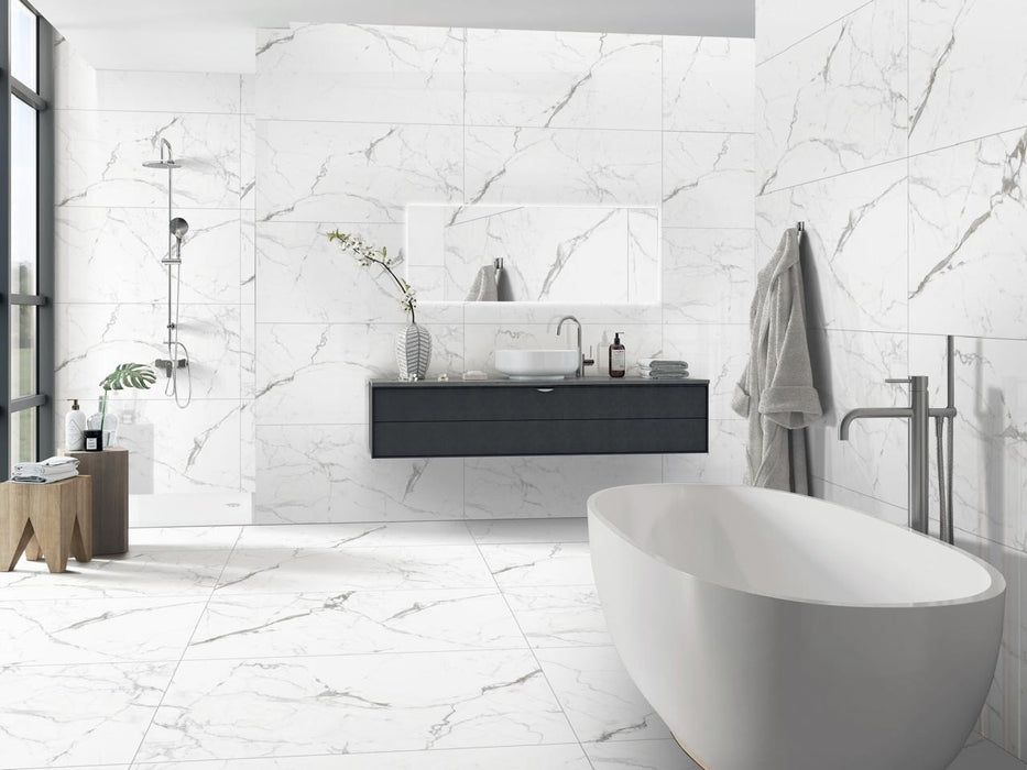 Premium Carrara White Marble Effect Rectified Polished Wall and Floor Tile - 60x120cm