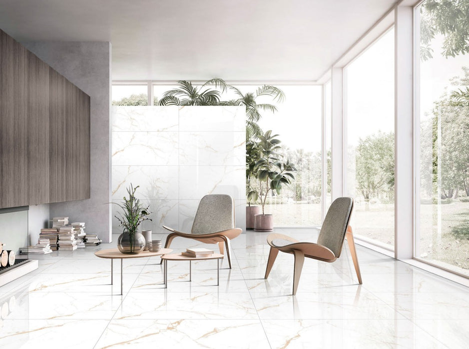 Premium Carrara Gold Marble Effect Polished Porcelain Tile 60x120cm Large Format Rectified Bathroom Wall Floor Tile