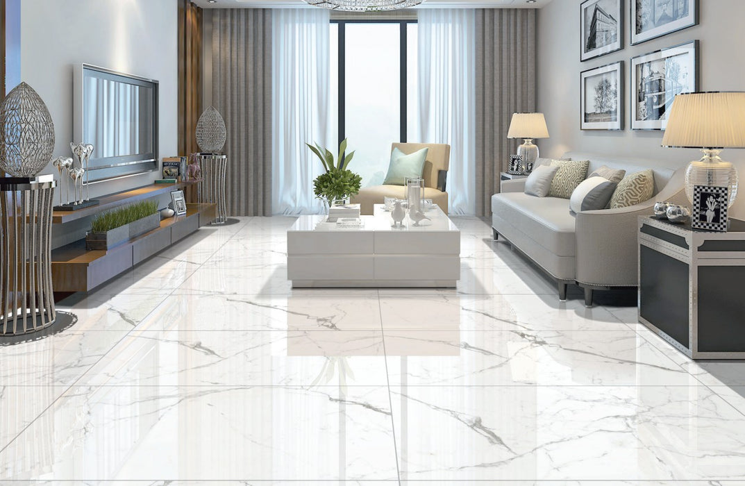 Premium Carrara White Marble Effect Rectified Polished Wall and Floor Tile - 60x120cm