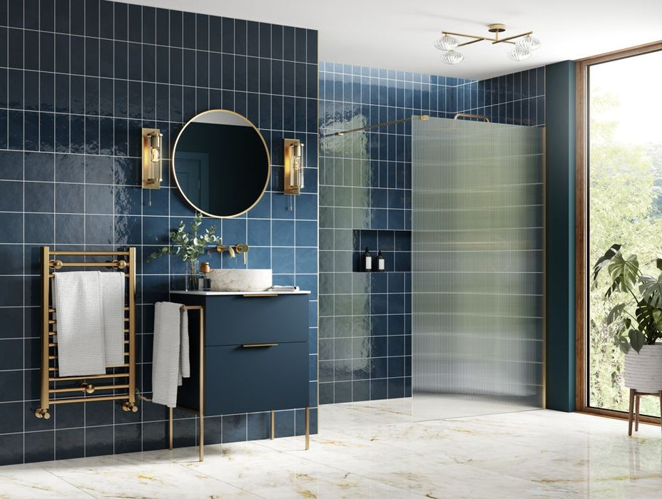 Roma 8 Brushed Brass Fluted Glass Wetroom Panel with Optional Side Panel