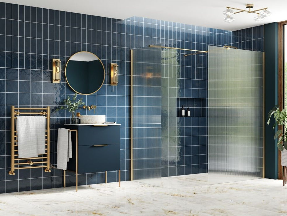 Roma 8 Brushed Brass Fluted Glass Wetroom Panel with Optional Side Panel