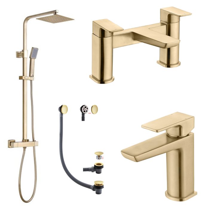 Brushed Brass Bathroom Taps and Shower Set (Square)