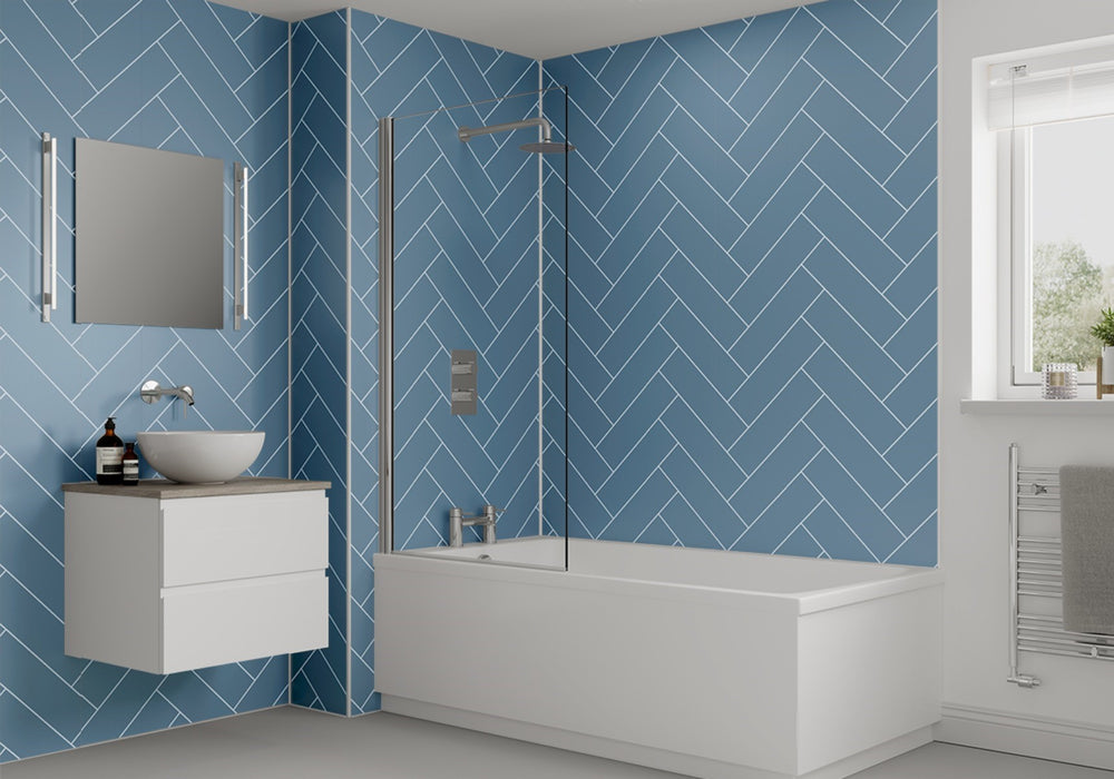 Multipanel Misty Blue Herringbone Tile Effect Bathroom Wall Panel