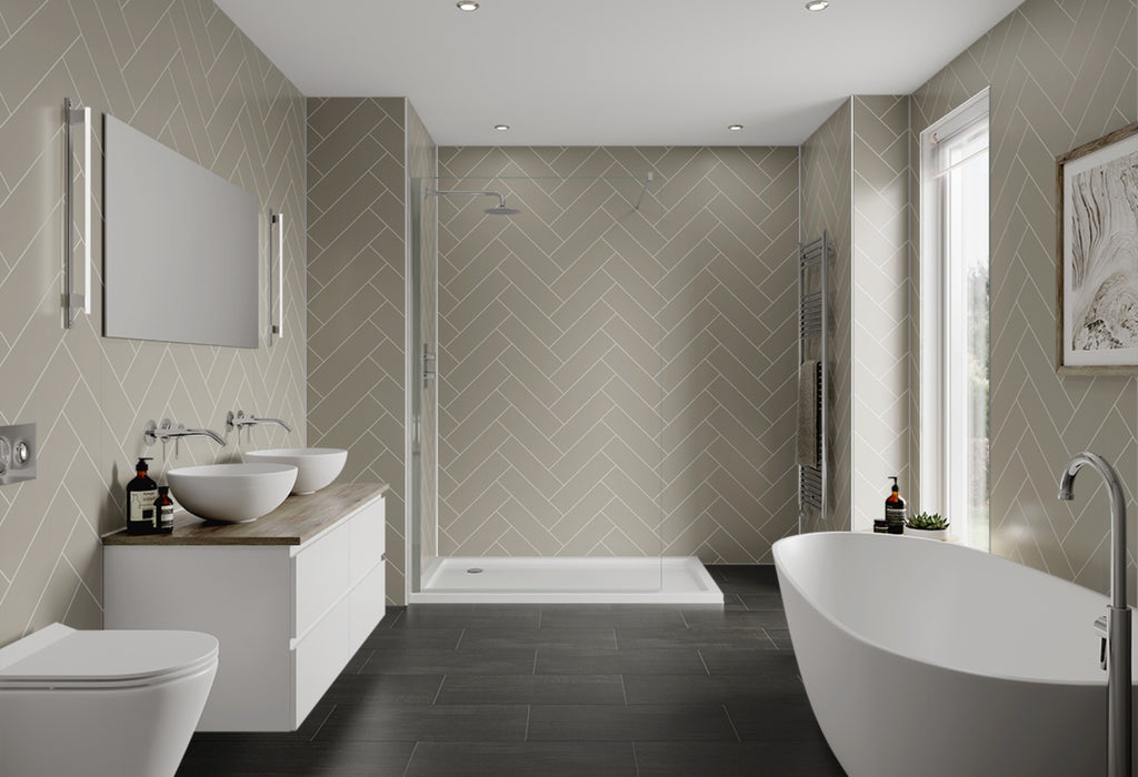 Multipanel Taupe Grey Herringbone Tile Effect Bathroom Wall Panel