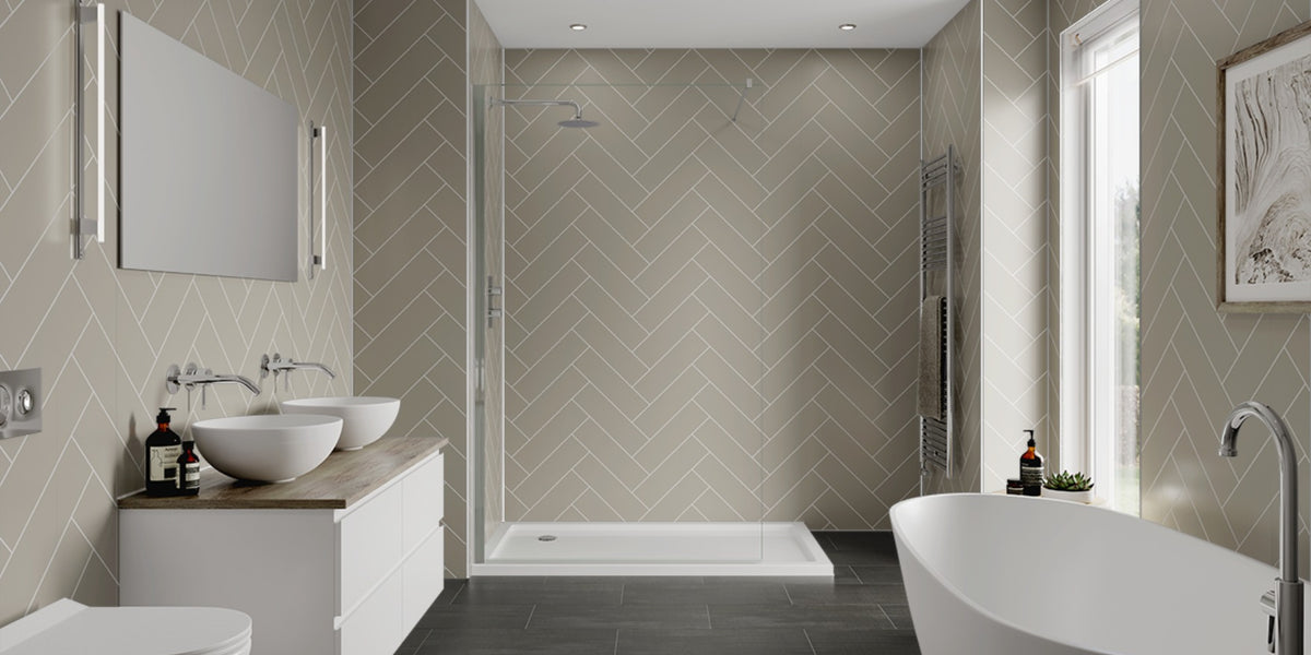 Multipanel Taupe Grey Herringbone Tile Effect Bathroom Wall Panel