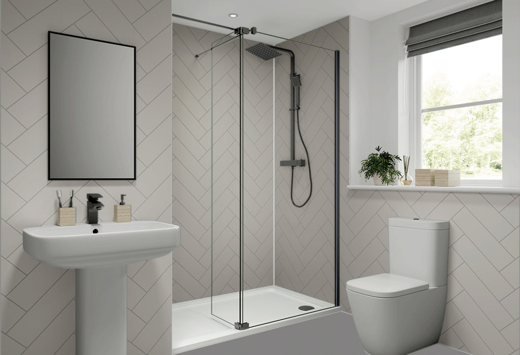 Multipanel White Grey Herringbone Tile Effect Bathroom Wall Panel