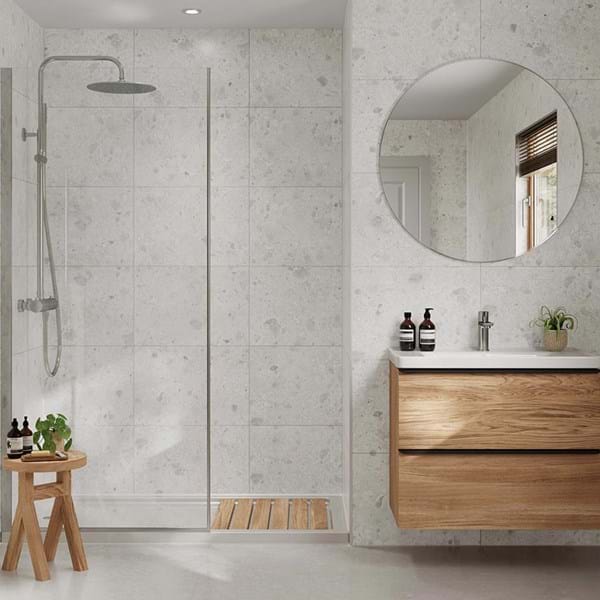 Multipanel White Terrazzo Tile Effect Bathroom Wall Panel