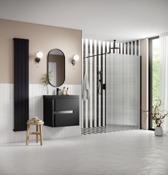Roma 8 Polished Black Fluted Glass Wetroom Panel with Optional Side Panel