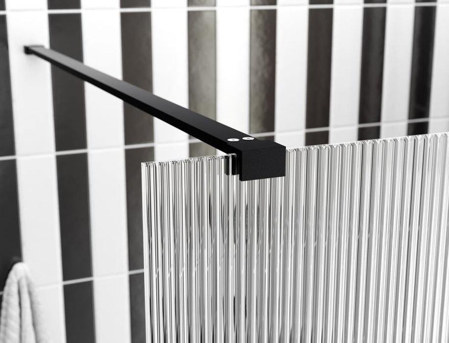 Roma 8 Polished Black Fluted Glass Wetroom Panel with Optional Side Panel