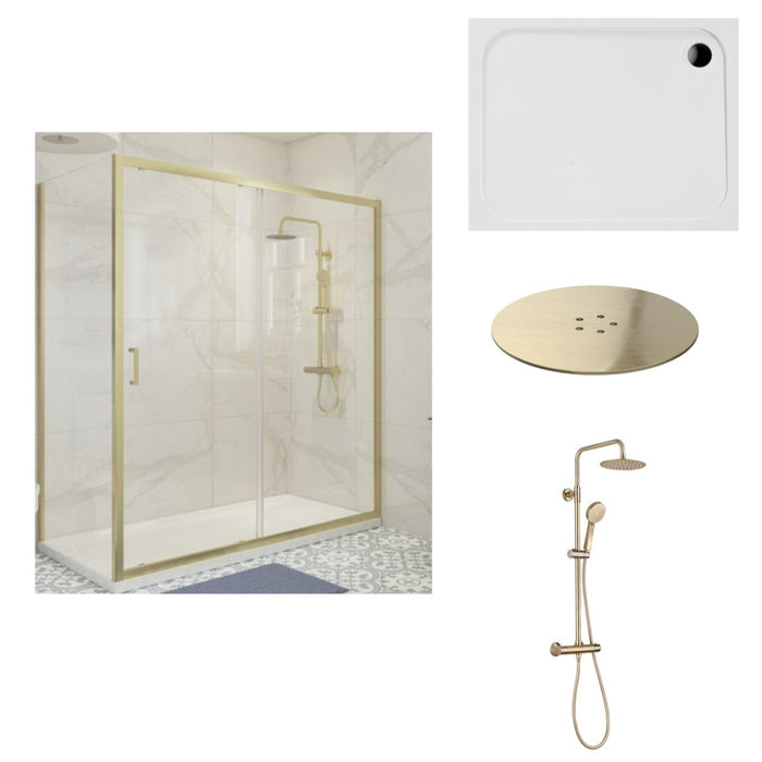 Premium Brushed Brass Shower Enclosure Suite including Enclosure, Shower Tray, Brushed Brass Thermostatic Shower with Brushed Brass Waste - Multiple Sizes