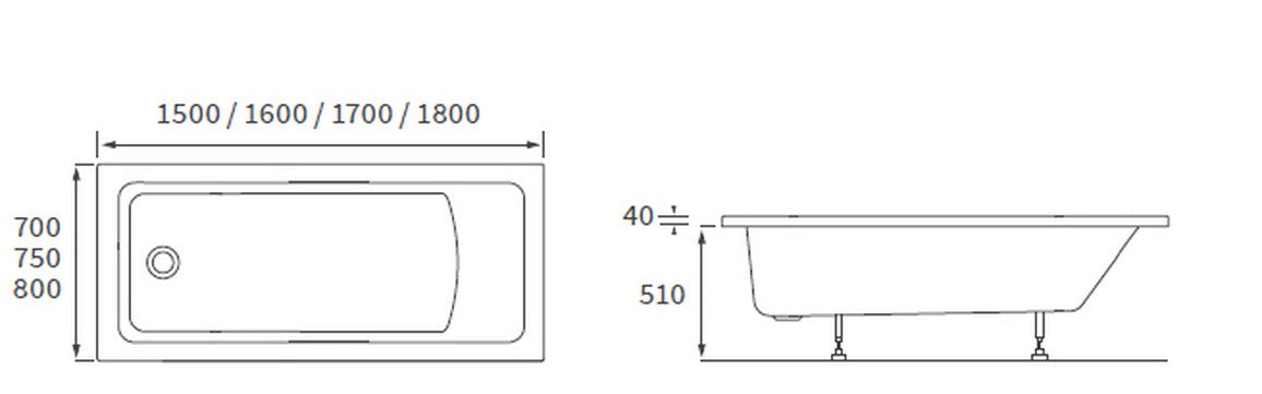 ASCOT Supercast Square Single Ended Bath - 1700x700 and 1700x750mm