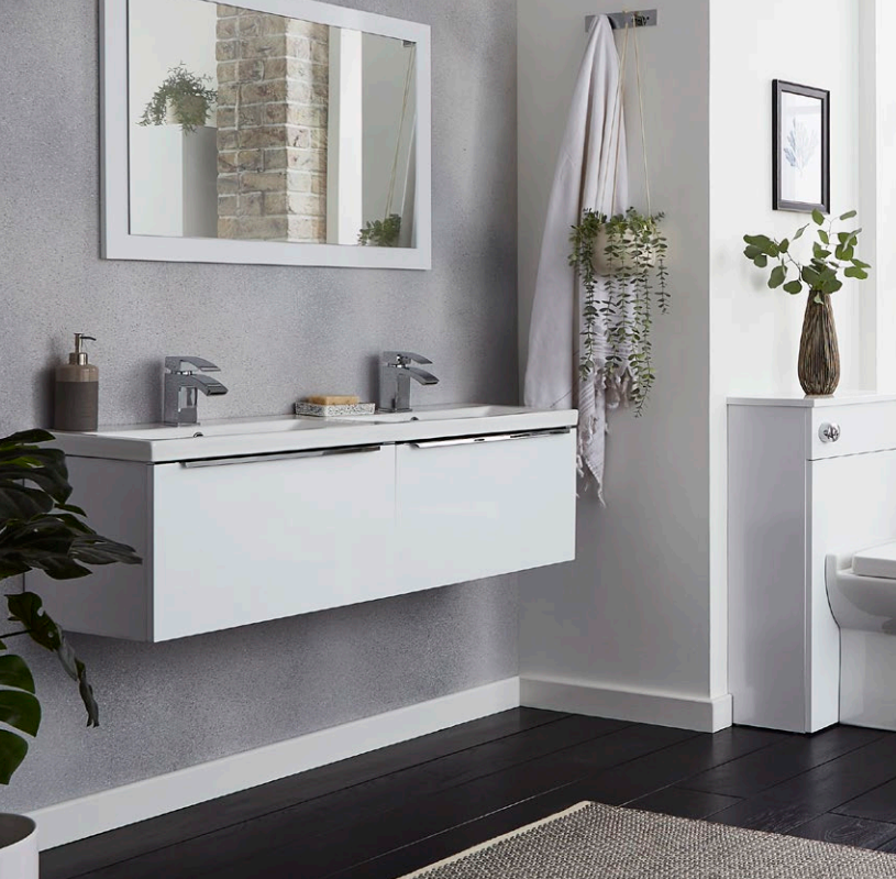 White gloss wall hung shop vanity unit