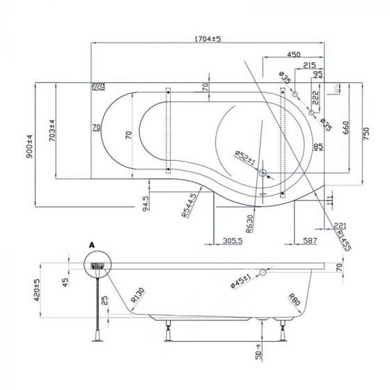 Luxury P Shaped 1700x900mm Shower Bath with 6mm Bath Screen and Towel Rail