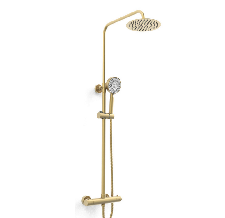 Brushed Brass Exposed Thermostatic Shower with Slim Overhead