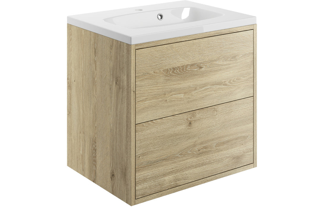 Peru 600mm 2 Drawer Wall Hung Vanity Unit Including Basin- Oak